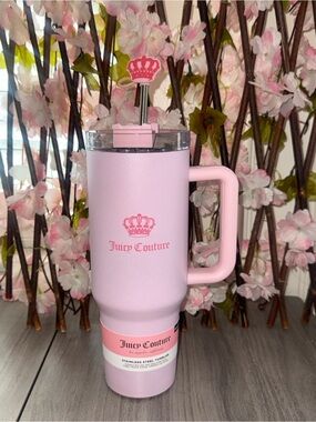 Juicy Couture Light Pink Travel Tumbler with Crown Straw Topper